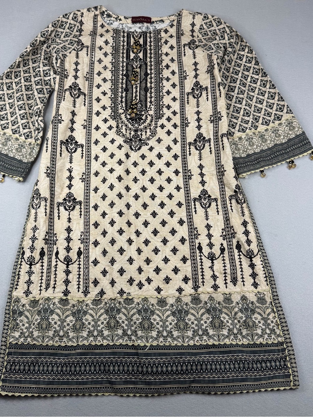Husnara Pakistani Lawn Kurti Embellished Tunic Beige Black Small
